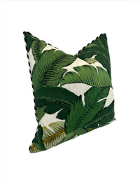 Outdoor Decorative Pillow in Swaying Palm with Black & White Pinstripe Welt