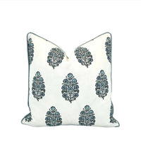Decorative Pillow Cover in Mughal Floral Print - Blue, Green and White or Ticking Soft and Quiet Blues