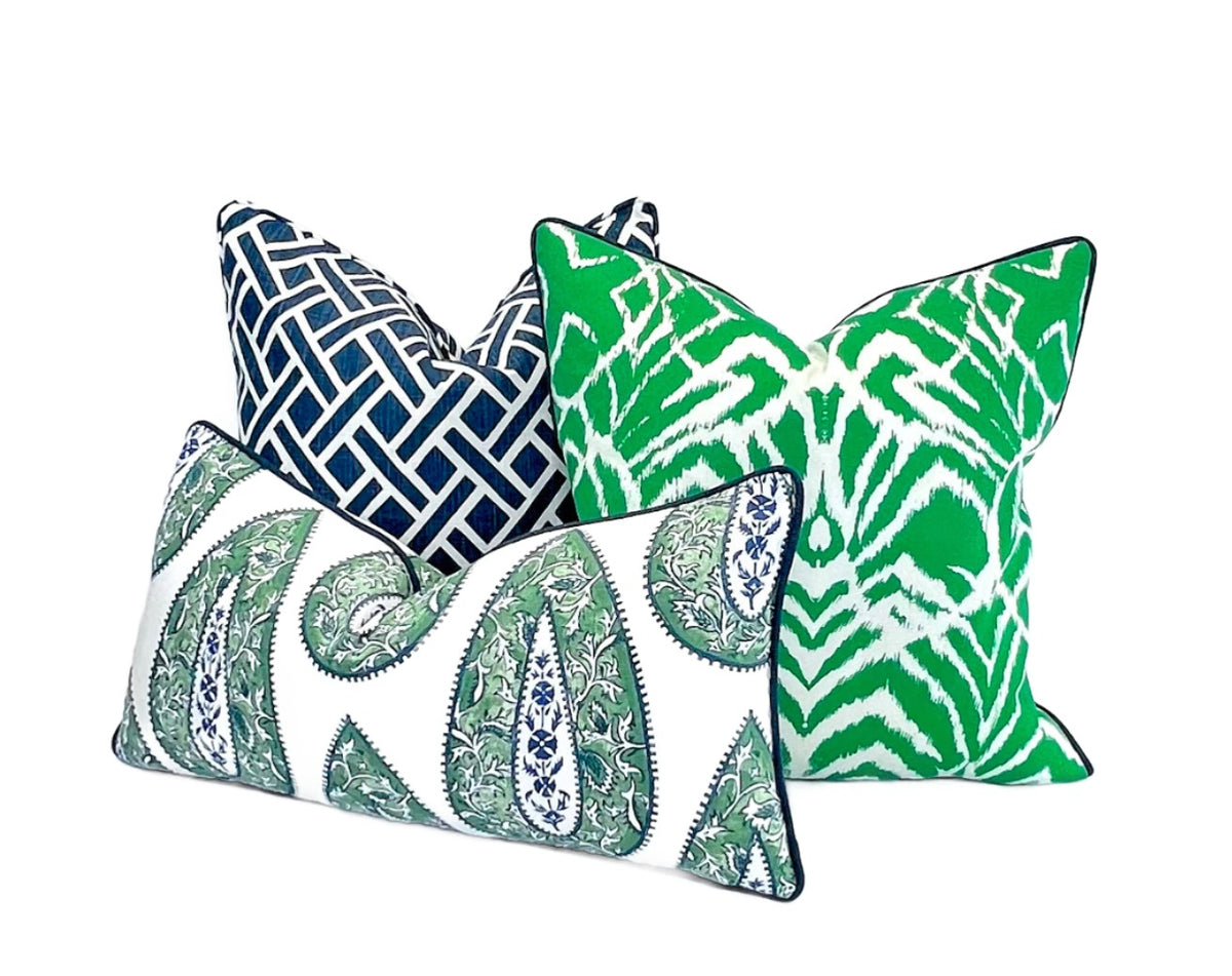 Kelly Green Wild Ikat Decorative Pillow Cover Design with a Variety of Piping Color Options
