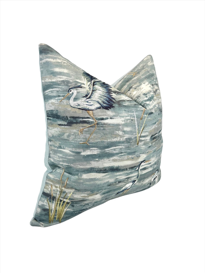 Embroidered Watercolor Heron Decorative Pillow in It Girl Ocean TFA