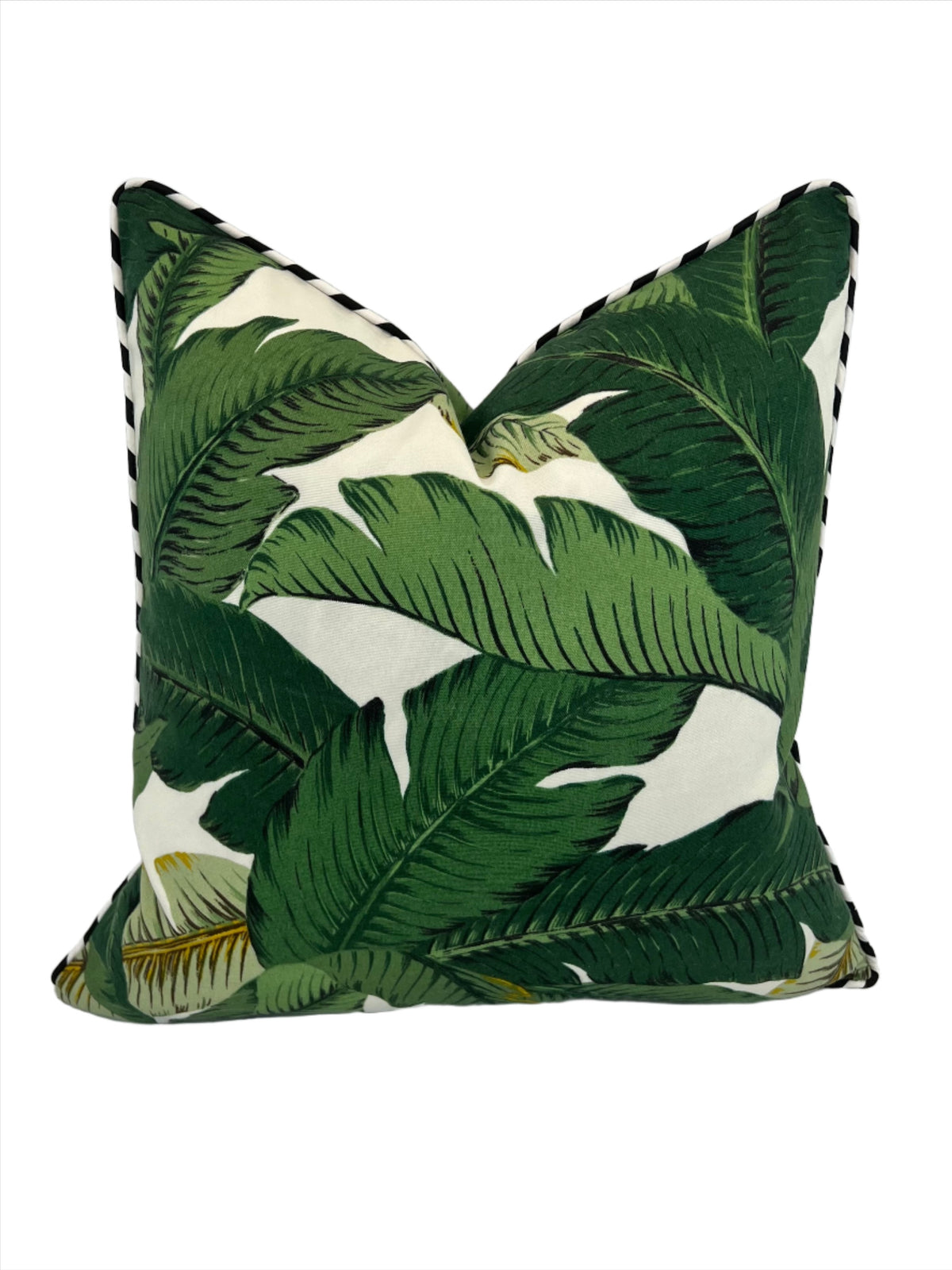 Outdoor Decorative Pillow in Swaying Palm with Black & White Pinstripe Welt