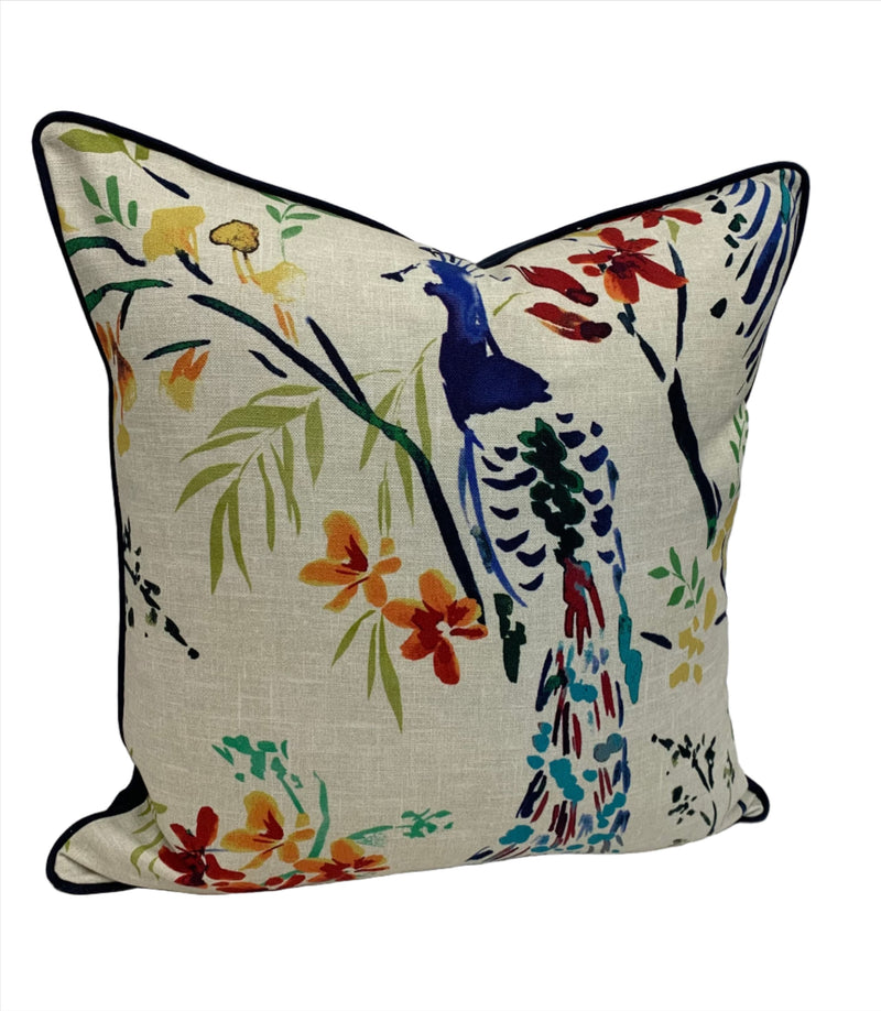 Peacock Textured Tail-feathers Jewel Front & Solid Organic Navy Back Decorative Pillow
