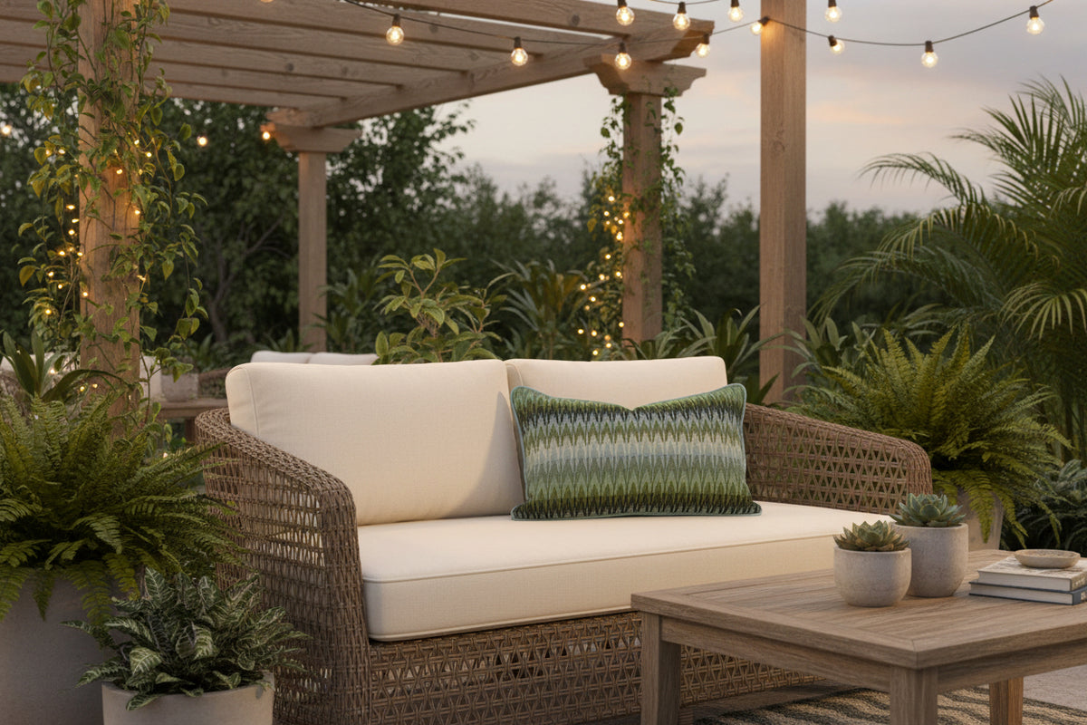 A rectangular decorative throw pillow with a textured, woven geometric pattern in shades of olive green, and blues, set against a plain white background. Finished in a Light Blue Trim. Outdoor setting on bench cushions.