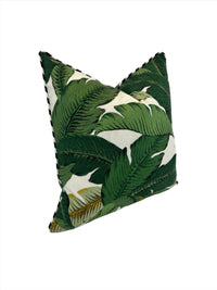 Outdoor Decorative Pillow in Swaying Palm with Black & White Pinstripe Welt