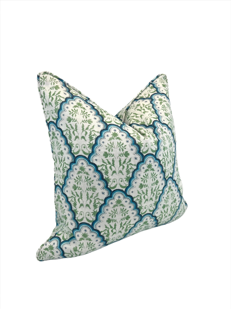 Floral Scallop Paisley in Blue & Green Decorative Pillow