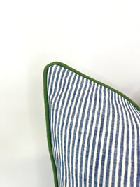 Ticking Dusty Blue & White in Kelly Green Welt/Piping Decorative Pillow Cover - Multiple Colors