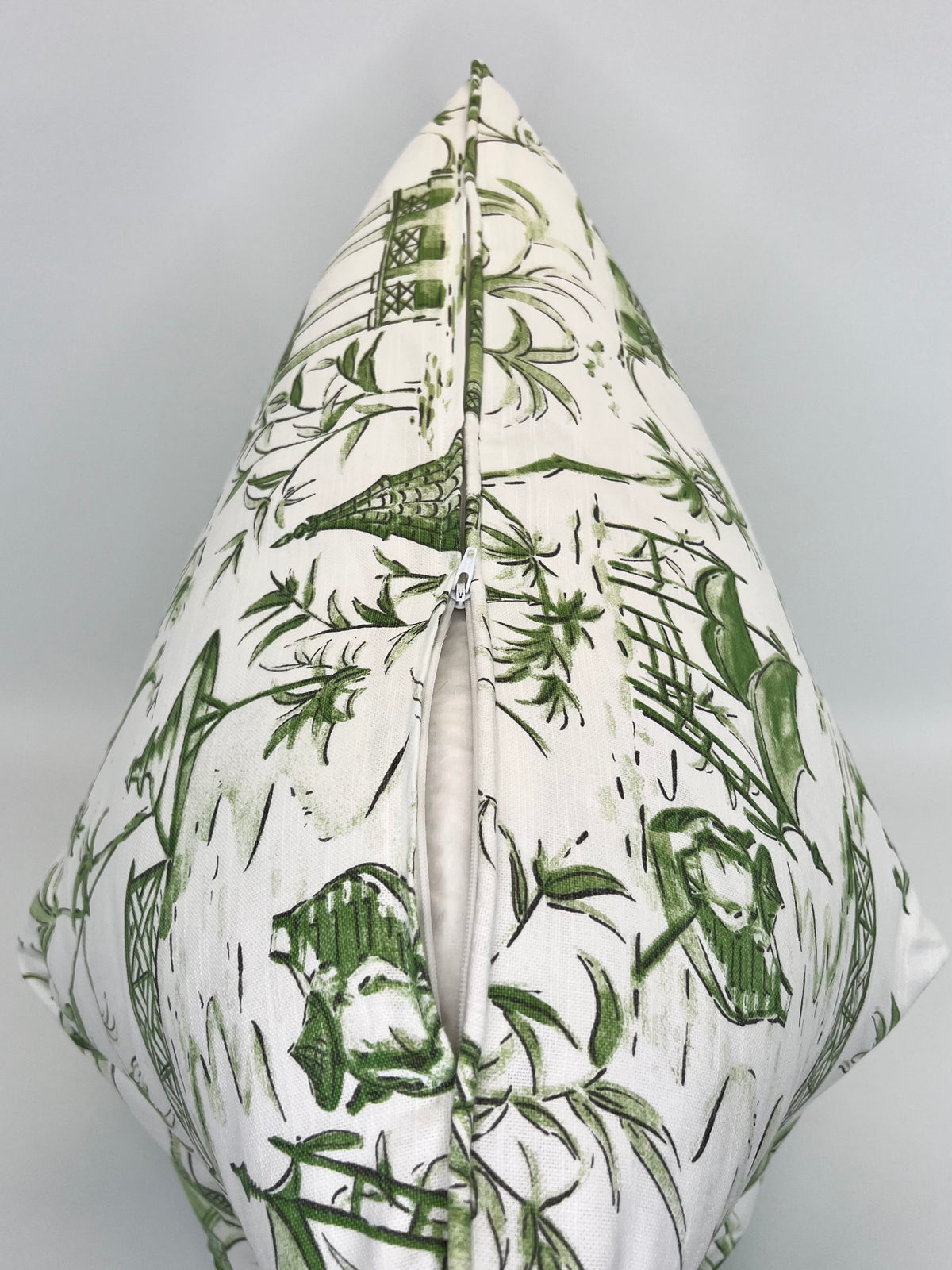 Pagodas Jade Toile Fabric in a Decorative Pillow Cover