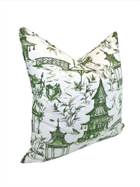 Pagodas Jade Toile Fabric in a Decorative Pillow Cover