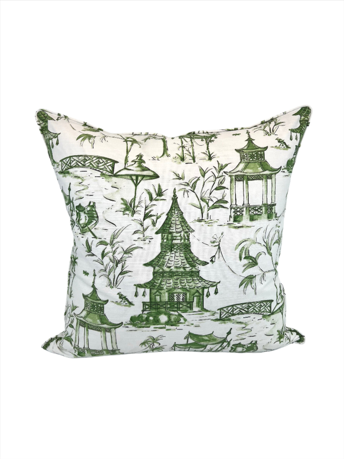 Pagodas Jade Toile Fabric in a Decorative Pillow Cover