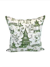 Pagodas Jade Toile Fabric in a Decorative Pillow Cover