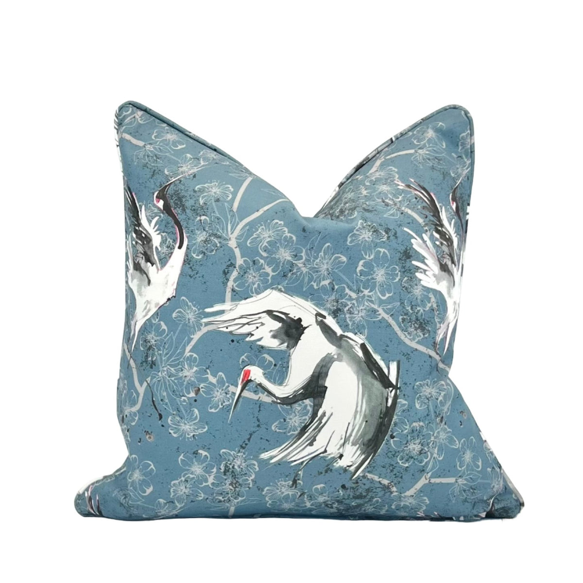 Decorative Pillow Cover in Chinoiserie Water Colored Herons/Cranes and Cherry Blossoms
