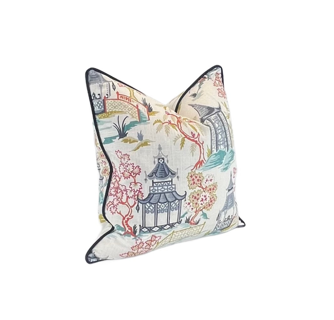 Decorative Pillow Cover in Chinoiserie in Toile Pagoda Fabric