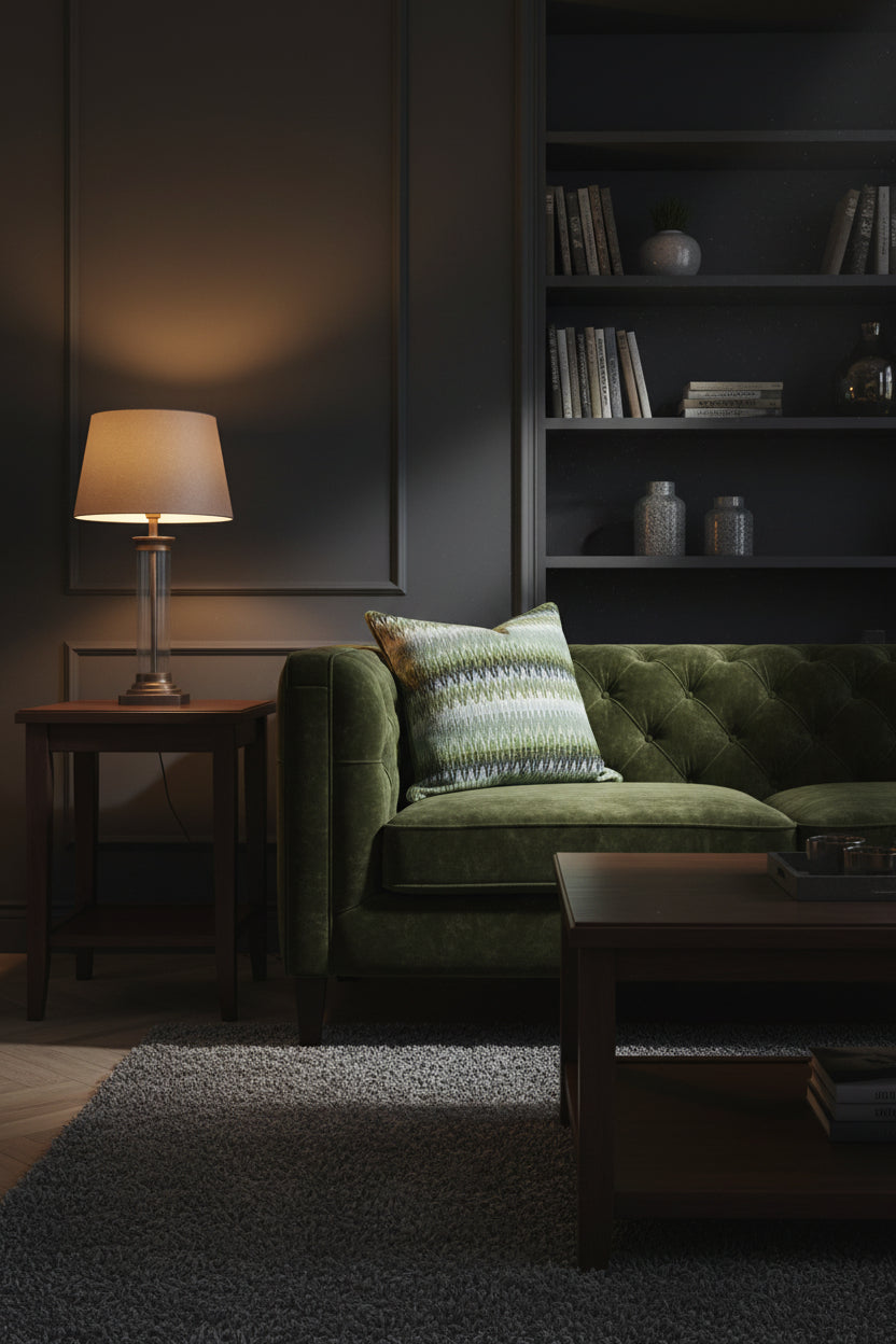 A square decorative throw pillow featuring a vertical chevron pattern in shades of olive green, sage, and blues. The pillow is on a Green velvet couch in a moody room with built-ins against a dark grey wall. 