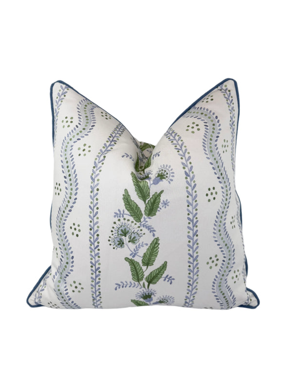 Cornflower Blues & Greens Vine Decorative Fabric by the Yard – Cotton Canvas or Outdoor Recycled Canvas Upholstery Fabric