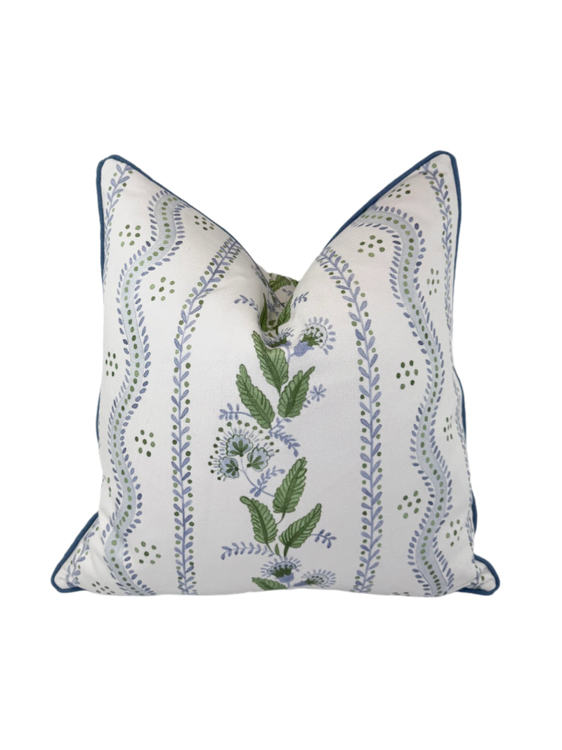 Cornflower Blues & Greens Vine Decorative Fabric by the Yard – Cotton Canvas or Outdoor Recycled Canvas Upholstery Fabric