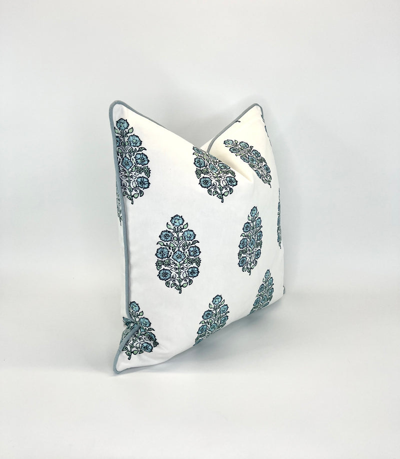 Decorative Pillow Cover in Mughal Floral Print - Blue, Green and White or Ticking Soft and Quiet Blues
