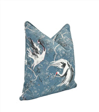 Decorative Pillow Cover in Chinoiserie Water Colored Herons/Cranes and Cherry Blossoms