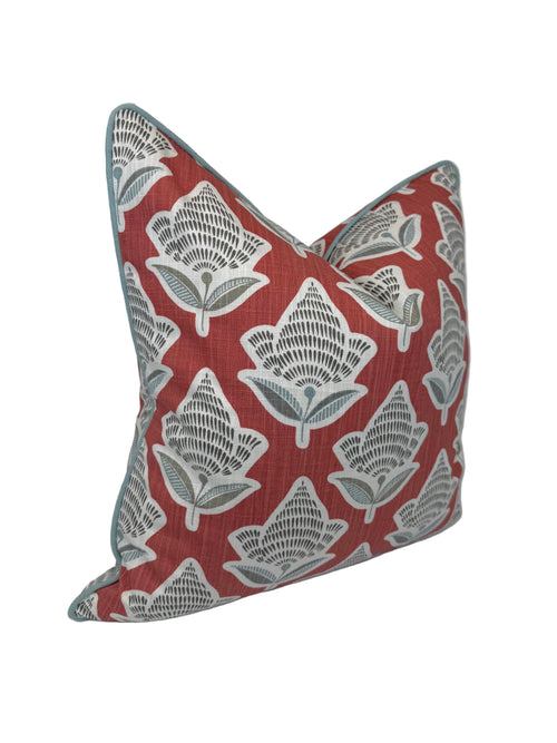 Makoto Scarlett Botanical Pillow & Bolster | Scarlet, Lagoon Blue & Ivory Accent Pillow