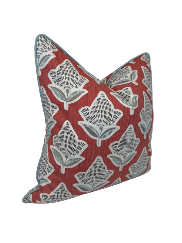 Makoto Scarlett Botanical Pillow & Bolster | Scarlet, Lagoon Blue & Ivory Accent Pillow