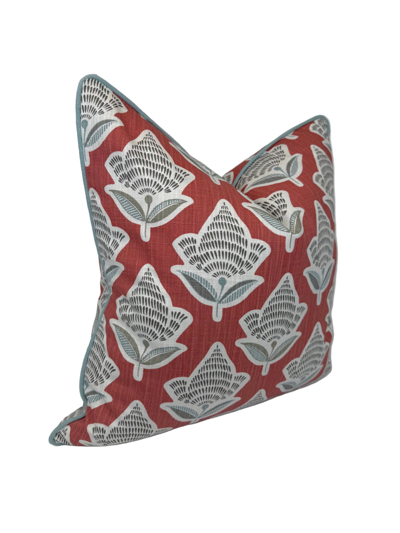 Makoto Scarlett Botanical Pillow & Bolster | Scarlet, Lagoon Blue & Ivory Accent Pillow