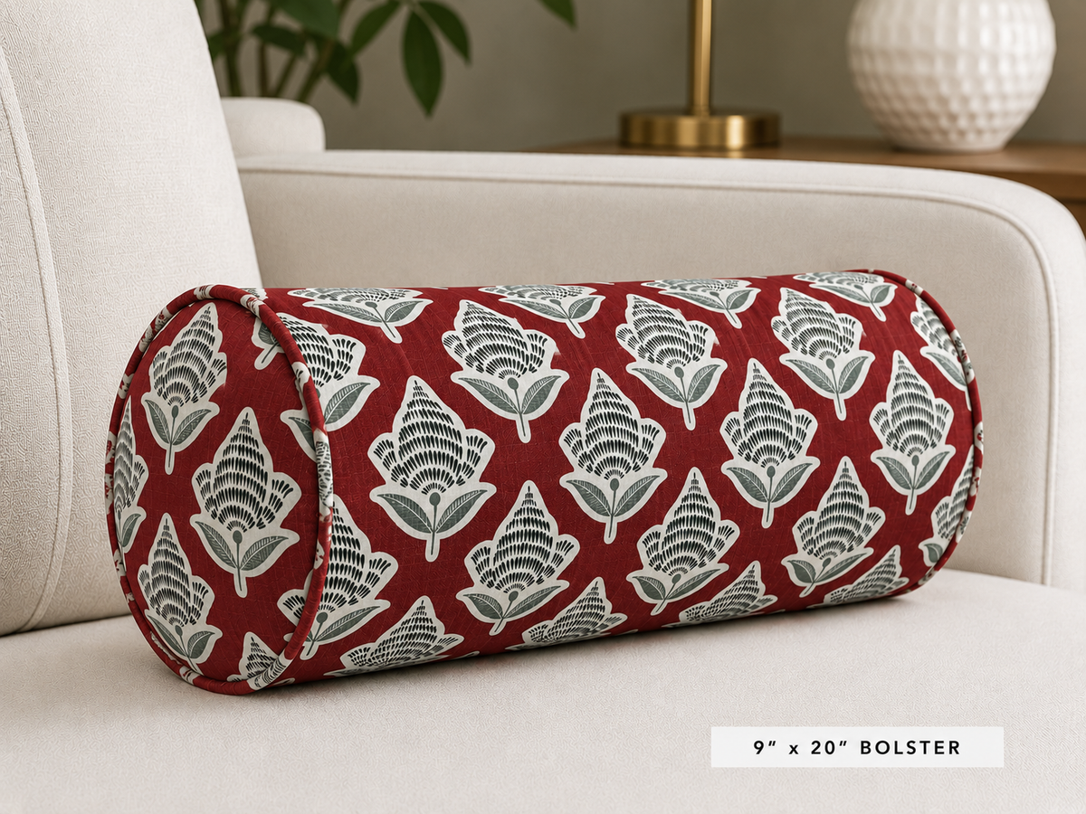 Makoto Scarlett Botanical Pillow & Bolster | Scarlet, Lagoon Blue & Ivory Accent Pillow