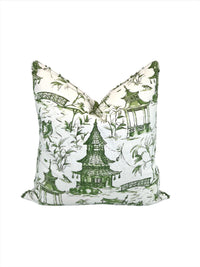 Pagodas Jade Toile Fabric in a Decorative Pillow Cover