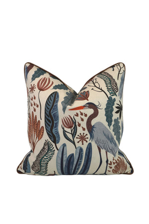 Everglades Heron in Plants Blue & Brown Fabric in a Decorative Pillow or Bolster