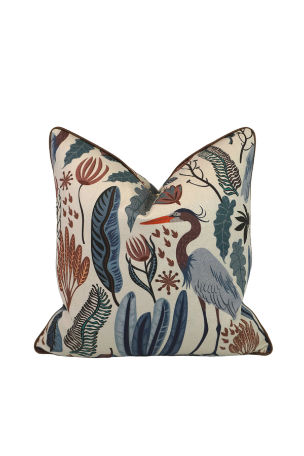 Everglades Heron in Plants Blue & Brown Fabric in a Decorative Pillow or Bolster