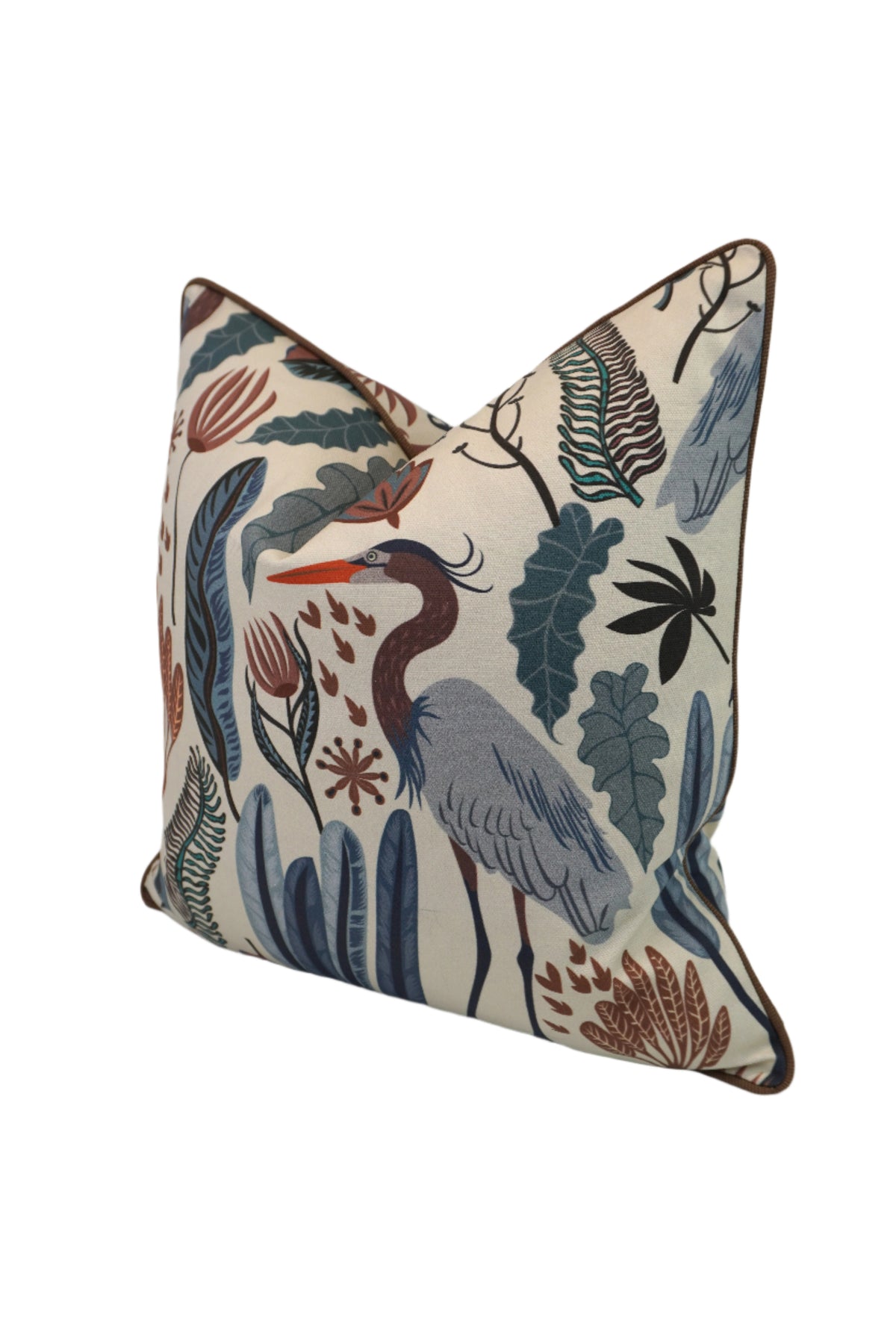 Everglades Heron in Plants Blue & Brown Fabric in a Decorative Pillow or Bolster