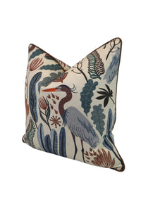 Everglades Heron in Plants Blue & Brown Fabric in a Decorative Pillow or Bolster