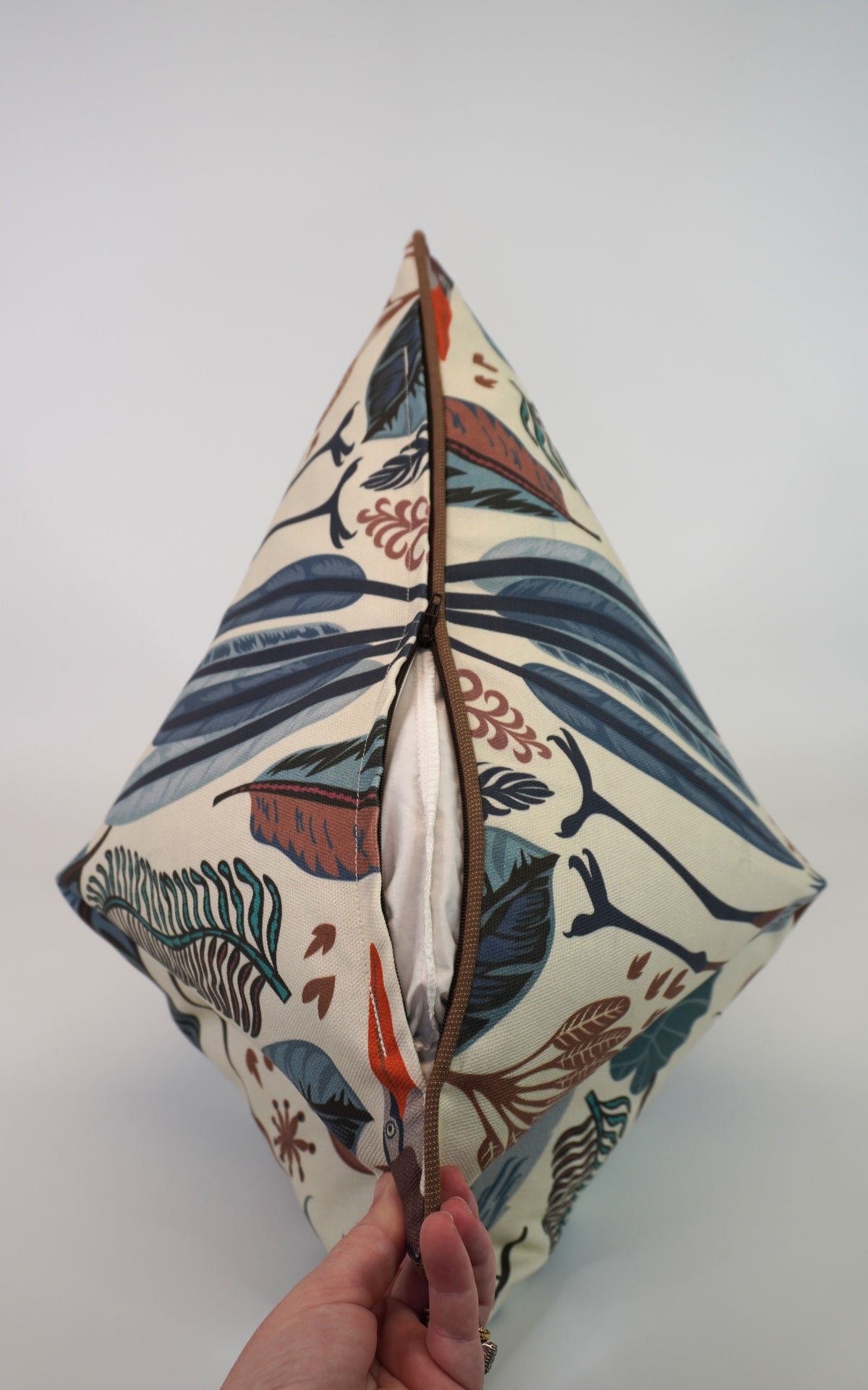 Everglades Heron in Plants Blue & Brown Fabric in a Decorative Pillow or Bolster