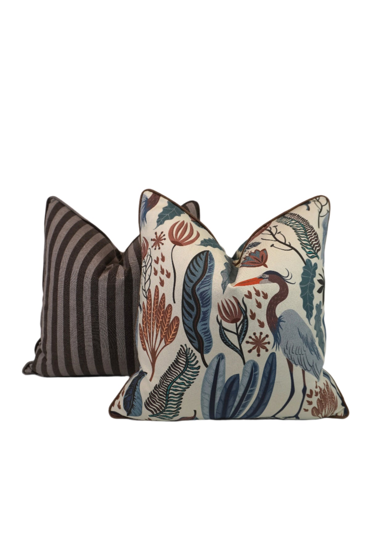 Everglades Heron in Plants Blue & Brown Fabric in a Decorative Pillow or Bolster