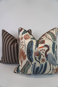 Everglades Heron in Plants Blue & Brown Fabric in a Decorative Pillow or Bolster