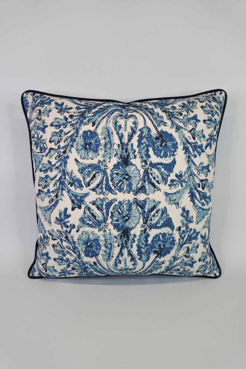 Daniel B. - 4 Custom Decorative Pillow Covers in COM - LF Sofia Azure Fabric w/ White Linen Welt & Dusty Ticking w/ Navy Spectrum