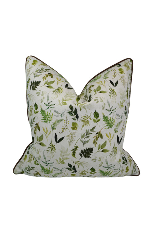 Decorative pillow with a variety of green leaf pattern on a Cream-Off White background with Brown Welt/Piping