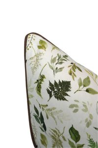 Decorative pillow with a variety of green leaf pattern on a Cream-Off White background with Brown Welt/Piping