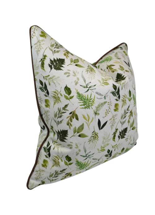 Decorative pillow with a variety of green leaf pattern on a Cream-Off White background with Brown Welt/Piping