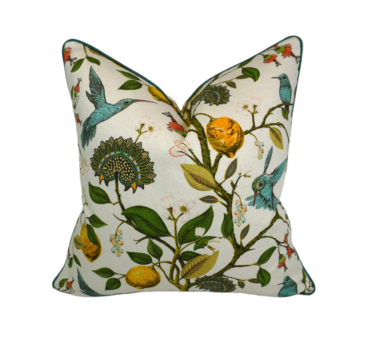 Decorative pillow with a teal hummingbird and floral pattern on a lemon tree on an Ivory-beige background
