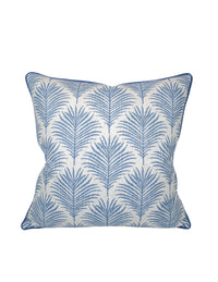 Decorative Pillow with Light Blue Palm leaf design on a white background with blue welt/piping going around the entire edge of Pillow Cover.