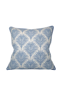 Decorative Pillow with Light Blue Palm leaf design on a white background with blue welt/piping going around the entire edge of Pillow Cover.