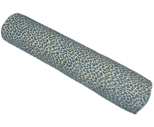 Bolster Roll Pillow with blue leopard print pattern on a cream background