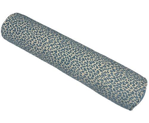 Bolster Roll Pillow with blue leopard print pattern on a cream background