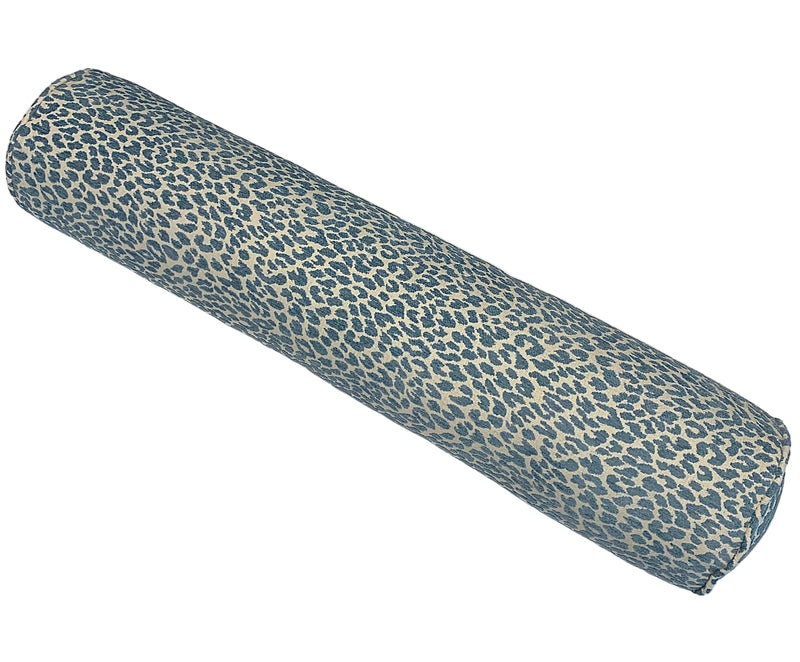 Bolster Roll Pillow with blue leopard print pattern on a cream background
