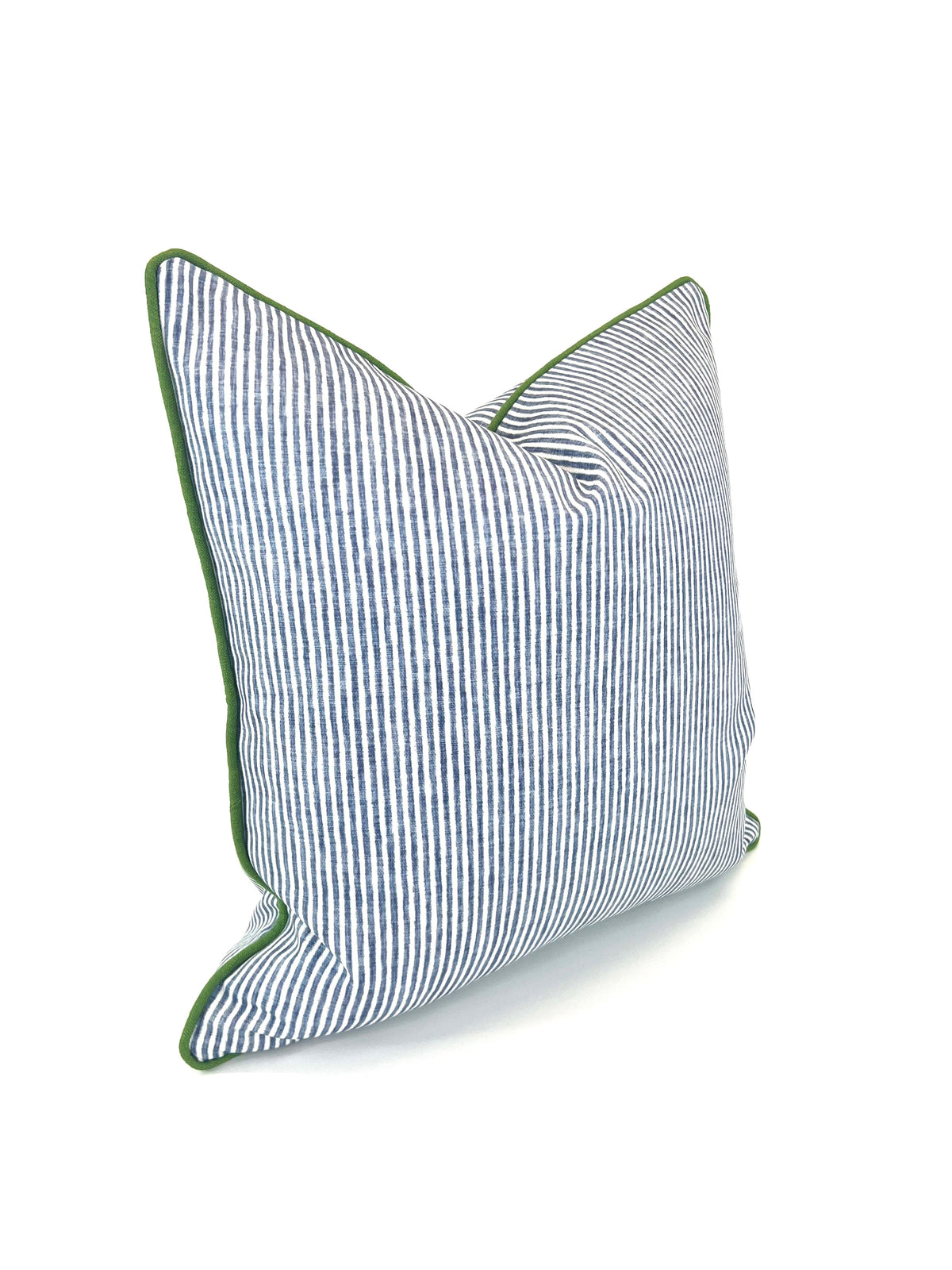 Ticking Dusty Blue & White in Kelly Green Welt/Piping Decorative Pillow Cover - Multiple Colors