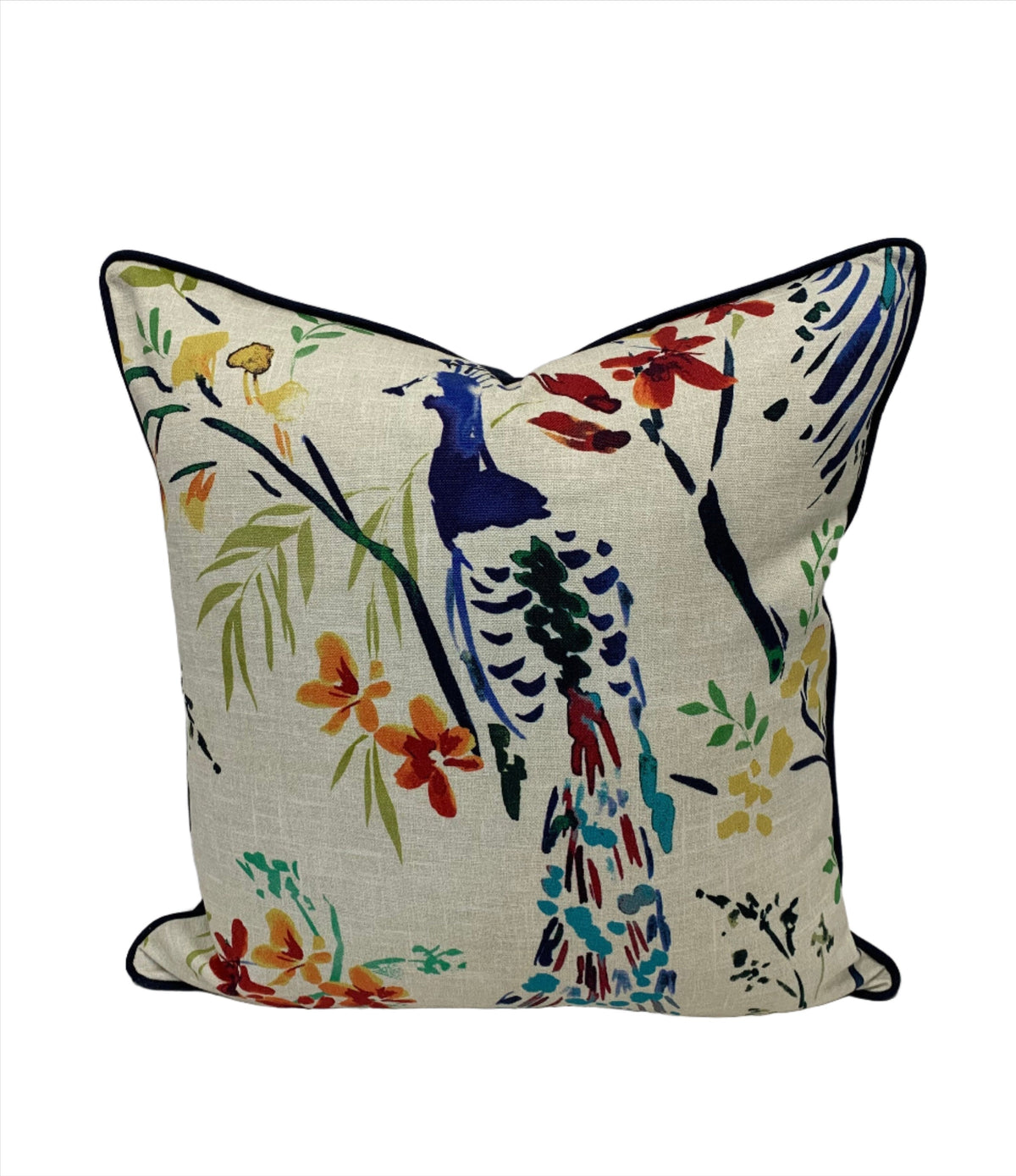 Peacock Textured Tail-feathers Jewel Front & Solid Organic Navy Back Decorative Pillow