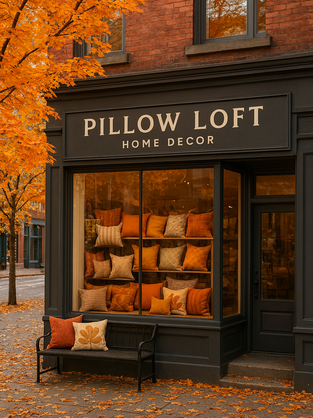 Fall AI generated Storefront of Pillow Loft Home Decor with autumn leaves and a bench displaying pillows.