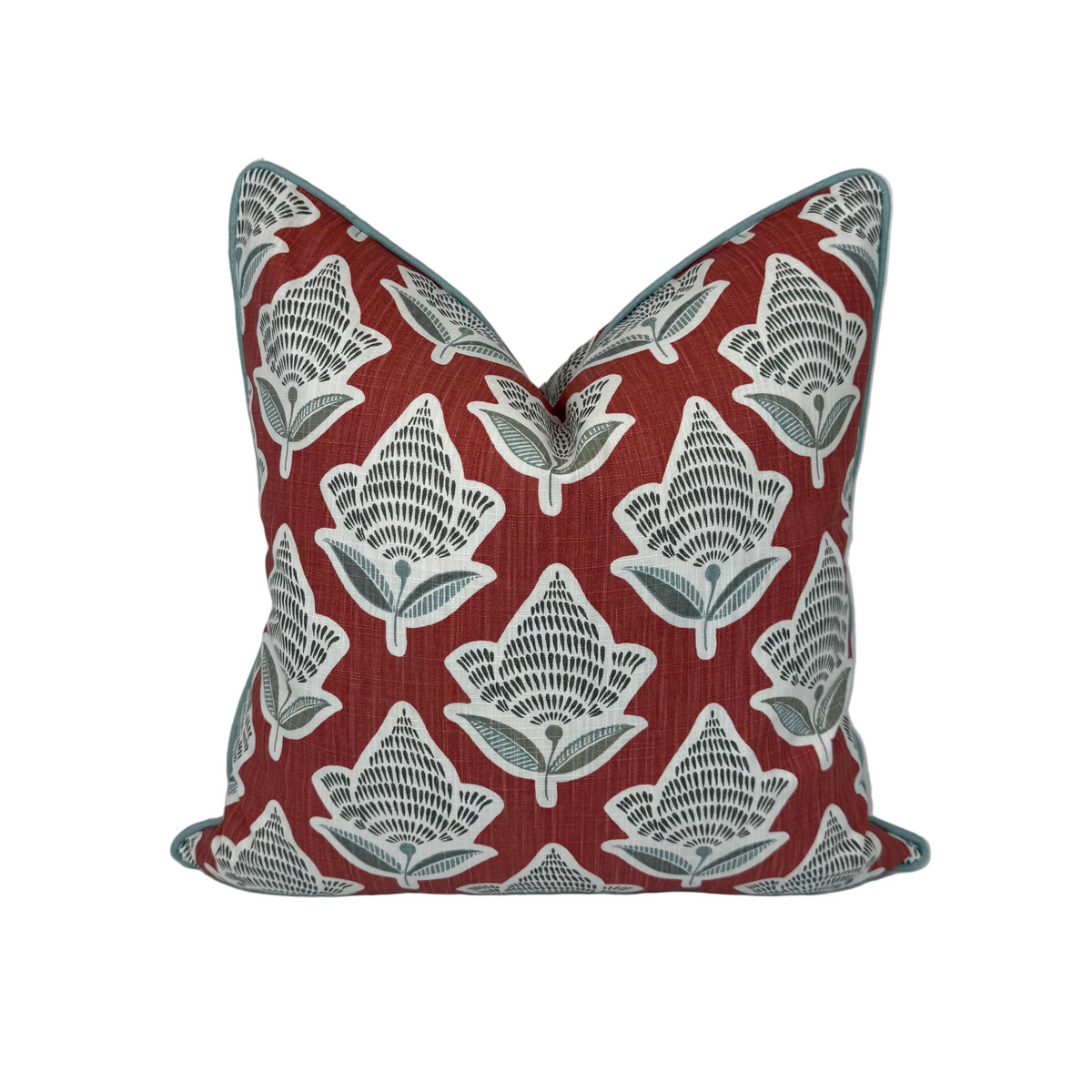Makoto Scarlett Botanical Pillow & Bolster | Scarlet, Lagoon Blue & Ivory Accent Pillow