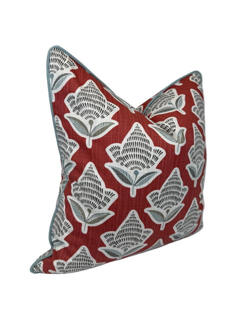 Makoto Scarlett Botanical Pillow & Bolster | Scarlet, Lagoon Blue & Ivory Accent Pillow