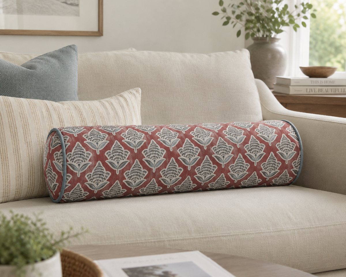 Makoto Scarlett Botanical Pillow & Bolster | Scarlet, Lagoon Blue & Ivory Accent Pillow