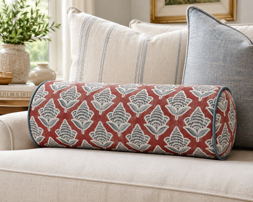 Makoto Scarlett Botanical Bolster | Scarlet, Lagoon Blue & Ivory Accent Pillow